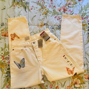 Levi's Women's 501 Cream Jeans with Butterfly Print